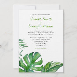Invitación Boda de hojas de Monstera verde acuarela tropical
