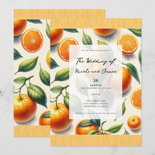 Invitación Boda de hojas de naranja cítrica acuarela (Anverso / Reverso)
