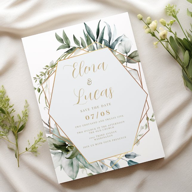 Invitación Boda de hojas de oro de acuarela geométrica (Geometric watercolor mint gold leaves wedding)