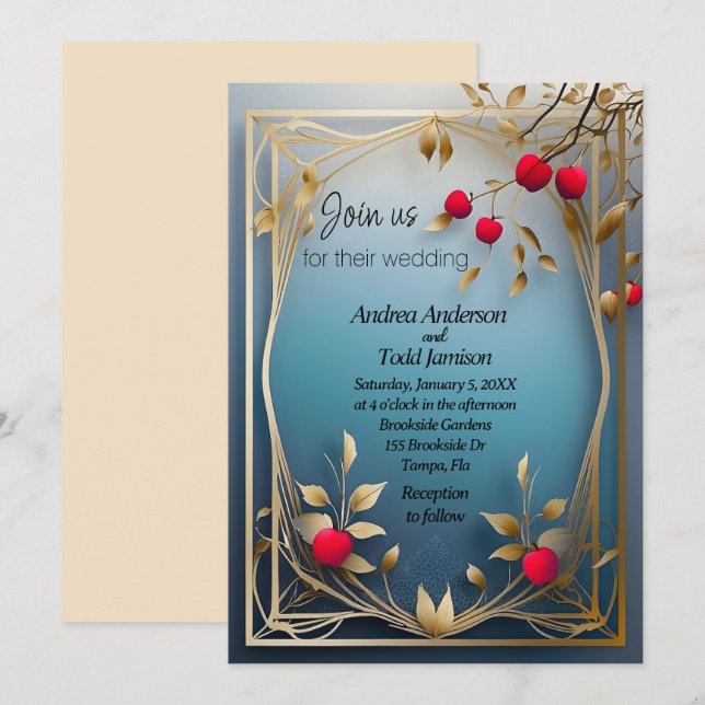 Invitación Boda de hojas de oro de manzanas rojas (Anverso / Reverso)