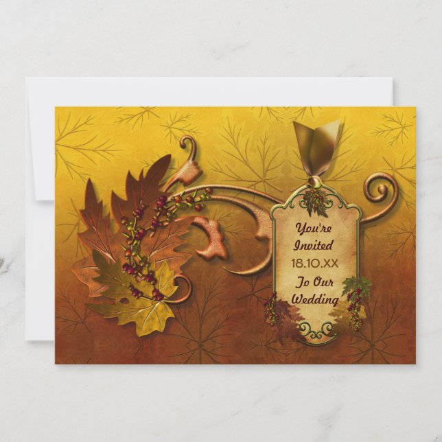 Invitación Boda de hojas de oro de otoño (Anverso)