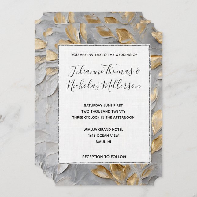 Invitación Boda de hojas de oro gris plateado (Anverso / Reverso)