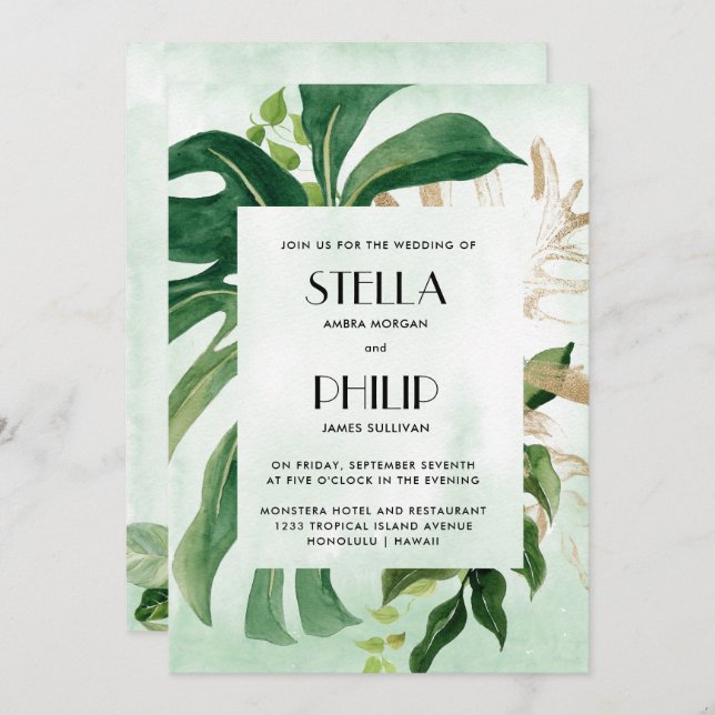 Invitación Boda de hojas de oro tropicales de monstera silves (Anverso / Reverso)