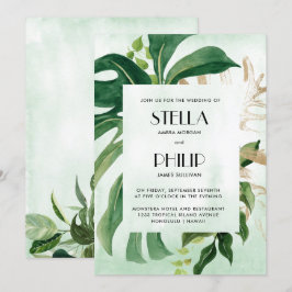 Invitación Boda de hojas de oro tropicales de monstera silves