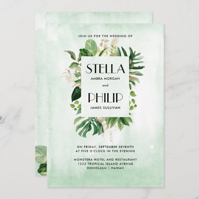 Invitación Boda de hojas de oro tropicales de monstera silves (Anverso / Reverso)