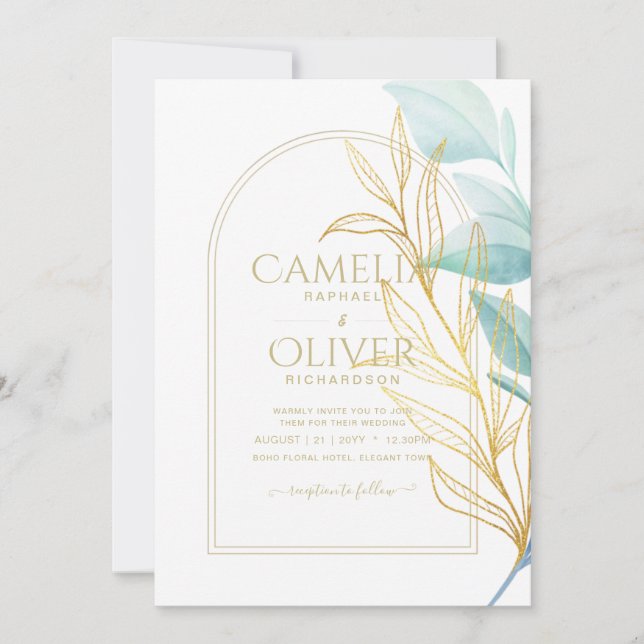 Invitación Boda de hojas de oro verdes de vidrio marino todo  (Anverso)