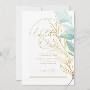 Invitación Boda de hojas de oro verdes de vidrio marino todo