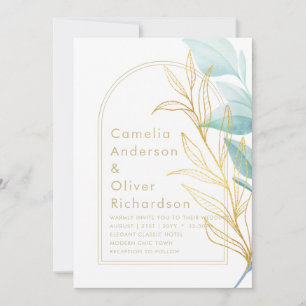 Invitación Boda de hojas de oro verdes de vidrio marino todo