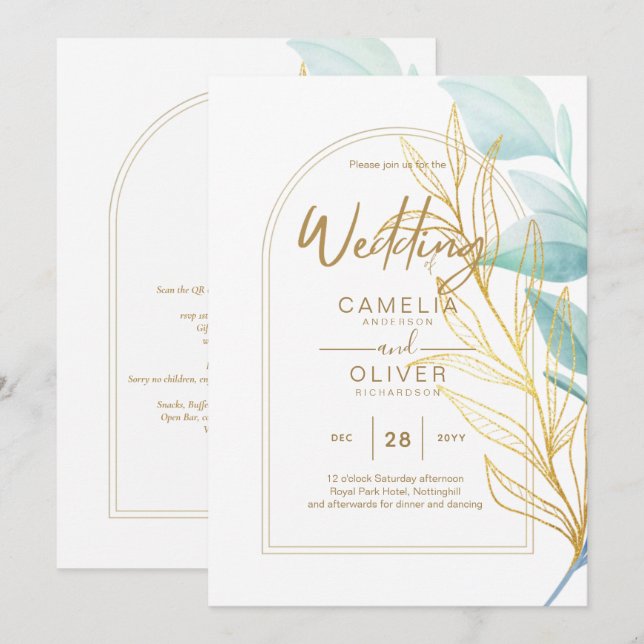 Invitación Boda de hojas de oro verdes de vidrio marino todo  (Anverso / Reverso)