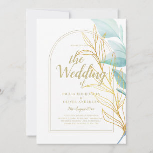 Invitación Boda de hojas de oro verdes de vidrio marino todo