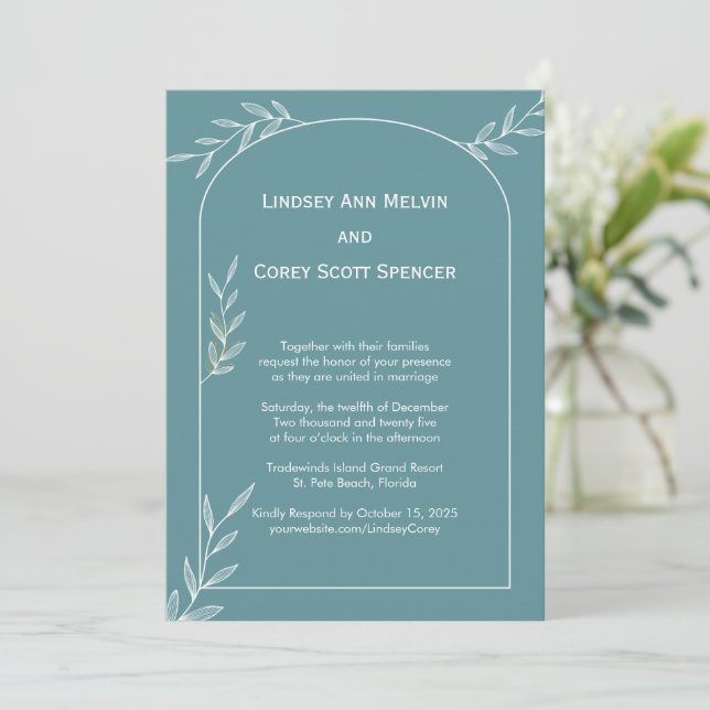 Invitación Boda de hojas de oro y azul claro (Anverso de pie)