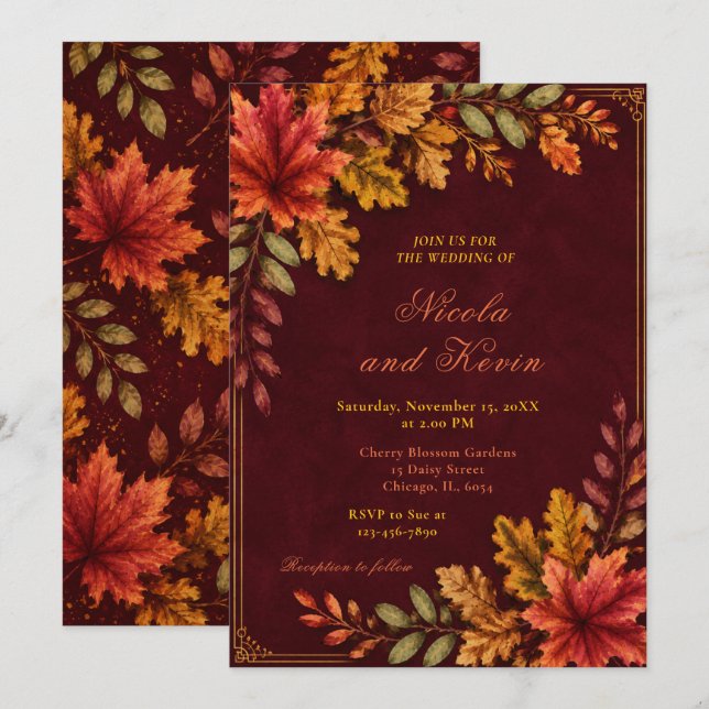 Invitación Boda de Hojas de Otoño Burdeos (Anverso / Reverso)