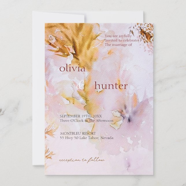 Invitación Boda de hojas de otoño con acuarela violeta (Anverso)