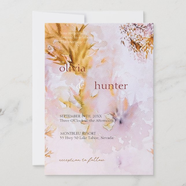 Invitación Boda de hojas de otoño con acuarela violeta (Anverso)