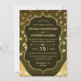 Invitación Boda de hojas de otoño doradas y verde oscuro rúst