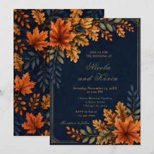 Invitación Boda de hojas de otoño en azul marino