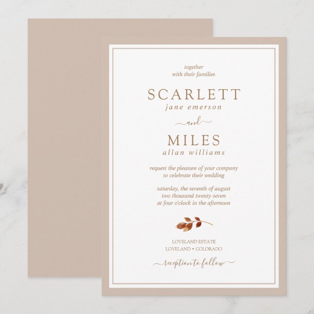 Invitación Boda de Hojas de Otoño Simple (Anverso / Reverso)