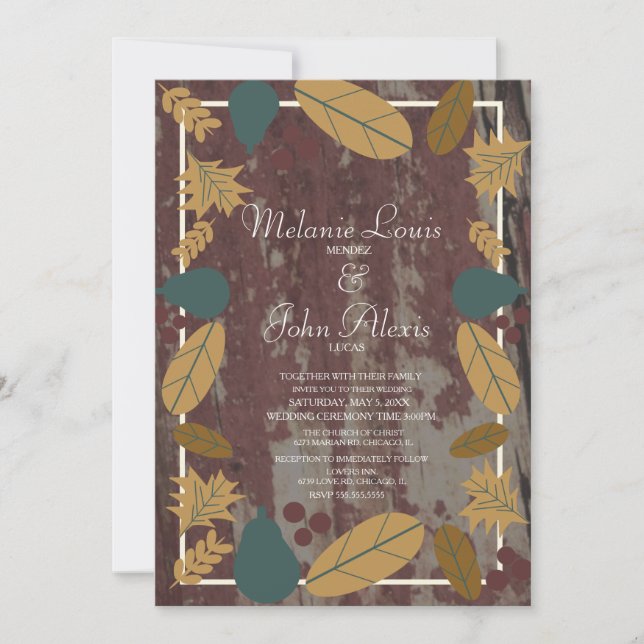 Invitación Boda de hojas de otoño verde rústico (Anverso)