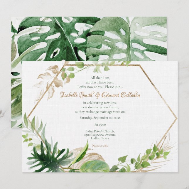 Invitación Boda de hojas de paleta verde tropical geométrica  (Anverso / Reverso)