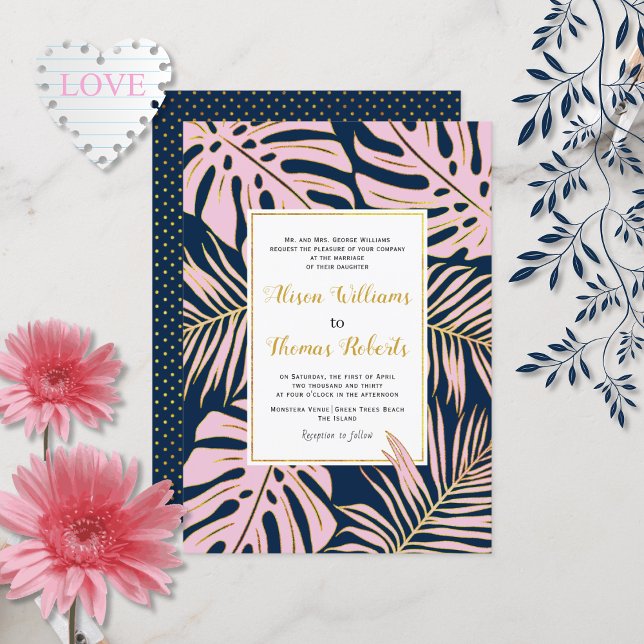 Invitación Boda de hojas de palma de monstera tropical marina (Subido por el creador)