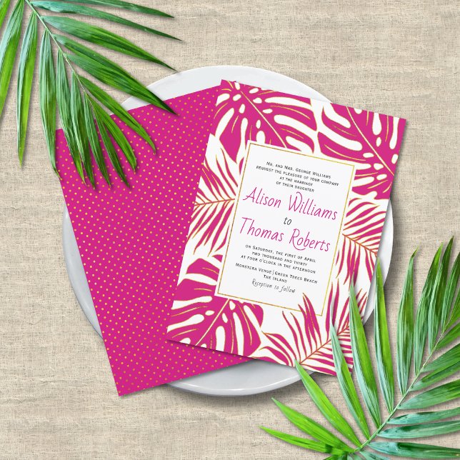 Invitación Boda de hojas de palma de monstera tropical rosa m (Subido por el creador)