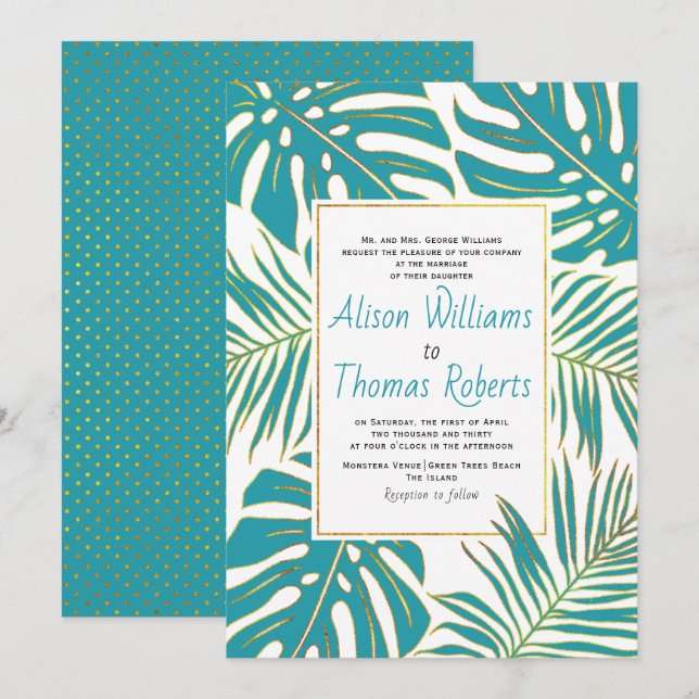 Invitación boda de hojas de palma de monstera tropical verde  (Anverso / Reverso)