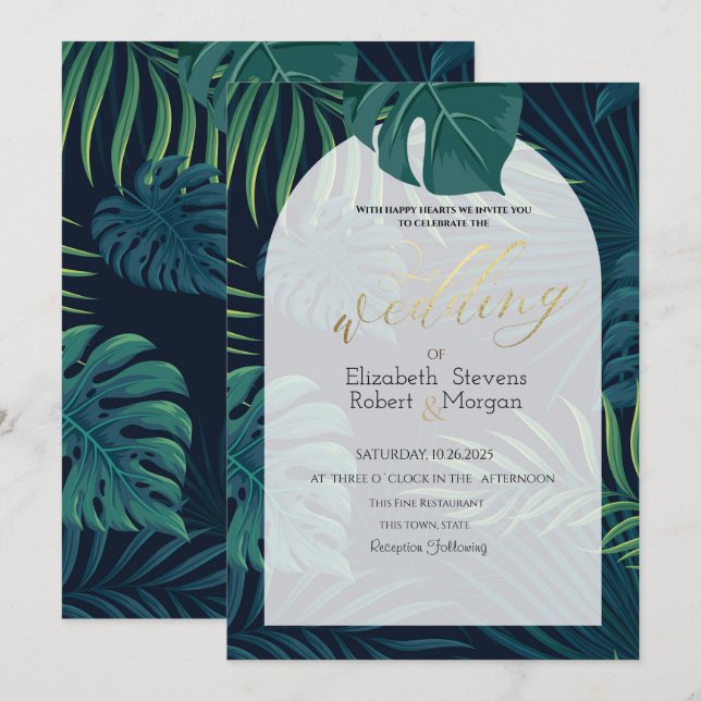 Invitación Boda de hojas de palma exóticas (Anverso / Reverso)