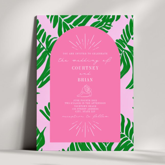 Invitación Boda de hojas de palma rosadas y verdes (Subido por el creador)