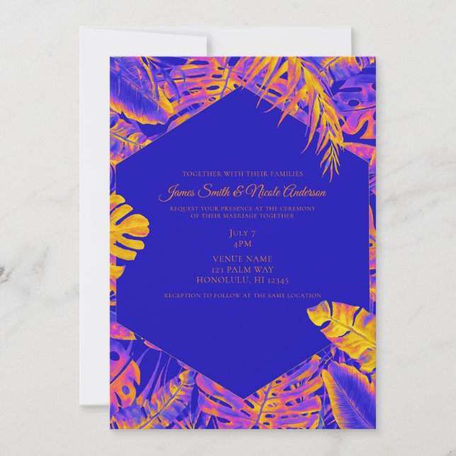 Invitación Boda de Hojas de Palma Tropical Azul Naranja Eléct (Anverso)