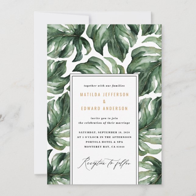 Invitación boda de hojas de palma tropical de colo (Anverso)
