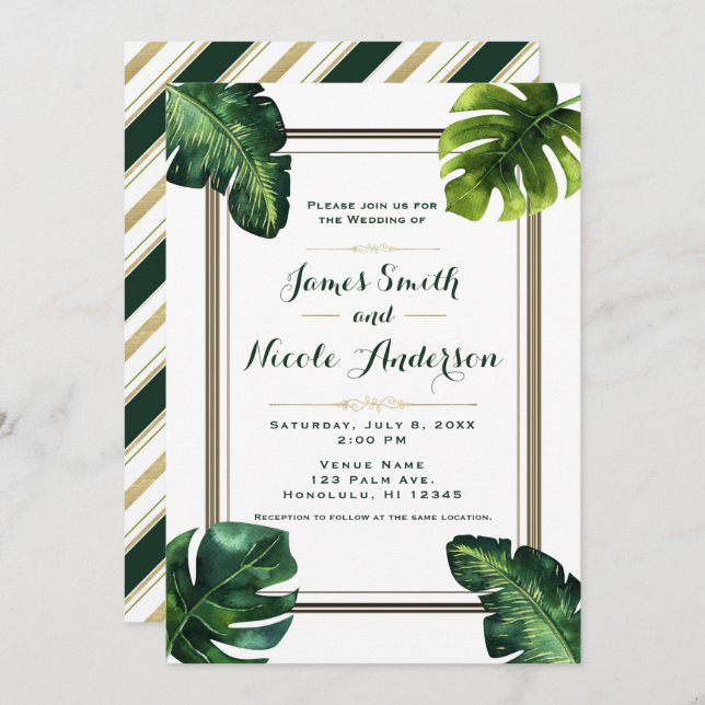 Invitación Boda de hojas de palma tropicales blancas, verdes  (Anverso / Reverso)