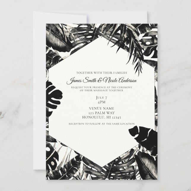 Invitación Boda de hojas de palma tropicales en blanco y negr (Anverso)