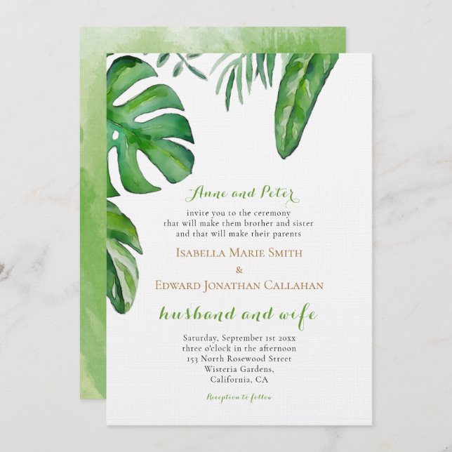 Invitación Boda de hojas de palma tropicales verde acuarela (Anverso / Reverso)