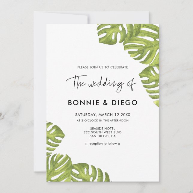 Invitación Boda de hojas de palma verde tropical (Anverso)