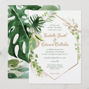 Invitación Boda de hojas de palma verdes tropicales doradas g