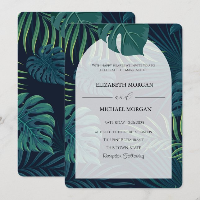 Invitación Boda de hojas de palmas exóticas (Anverso / Reverso)