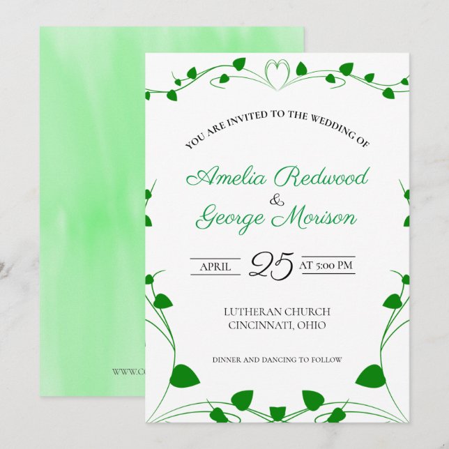 Invitación Boda de Hojas de Primavera Verdes (Anverso / Reverso)
