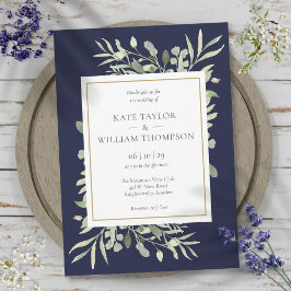 Invitación Boda de hojas de vegetación azul marino elegante