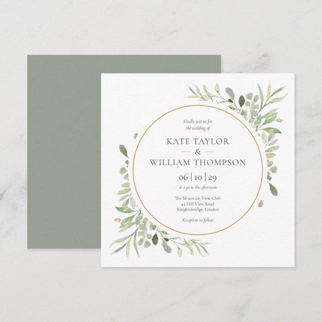 Invitación Boda de hojas de verde elegante (Anverso / Reverso)