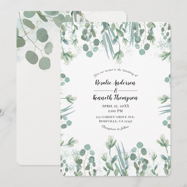 Invitación Boda de Hojas de Verde Eucalipto Rústico (Anverso / Reverso)