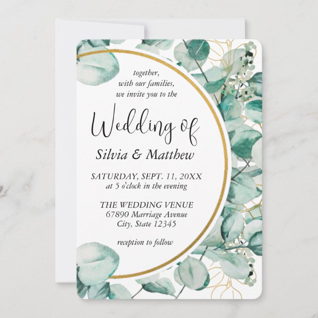 Invitación Boda de Hojas de Verde Menta Acuarela (Anverso)