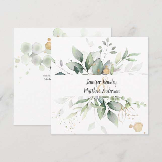 Invitación Boda de Hojas en Verde Pradera Dorado (Anverso / Reverso)