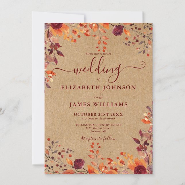 Invitación Boda de hojas florales rústicas de otoño de Kraft  (Anverso)