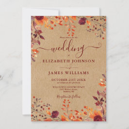Invitación Boda de hojas florales rústicas de otoño de Kraft 