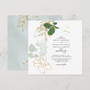 Invitación Boda de hojas geométricas de oro de Eucalyptus Gre