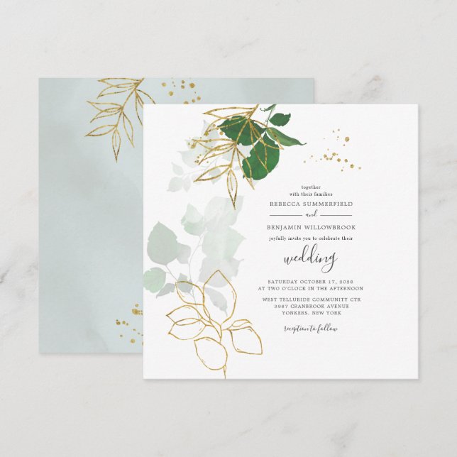 Invitación Boda de hojas geométricas de oro de Eucalyptus Gre (Anverso / Reverso)