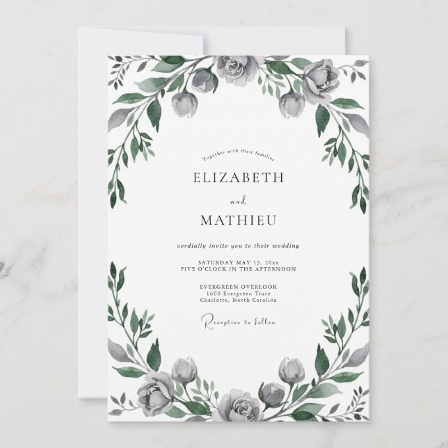 Invitación Boda de hojas gris acero (Anverso)