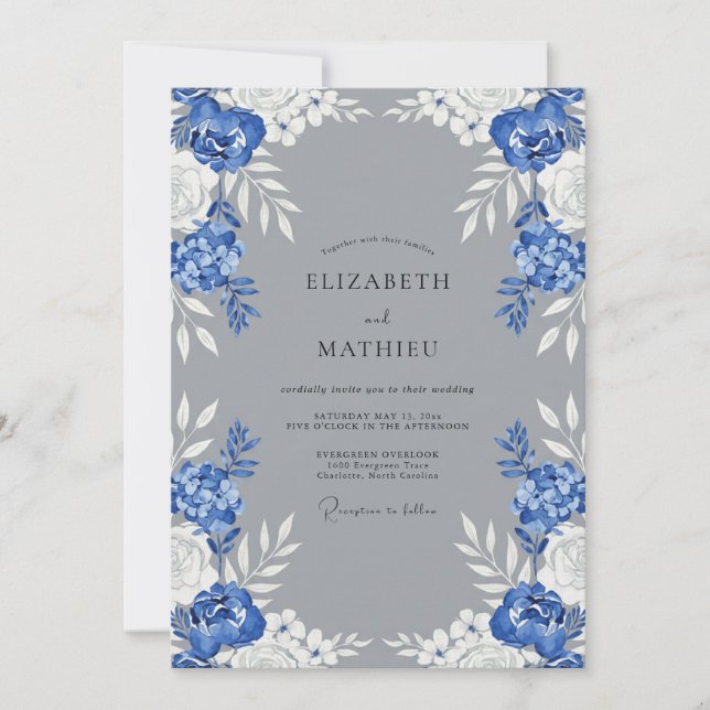 Invitación Boda de hojas gris y aciano (Anverso)