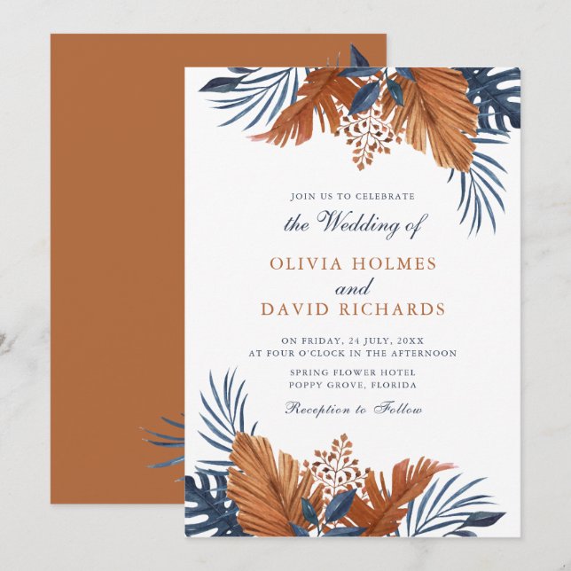 Invitación Boda de Hojas Marrón Rústico y Azul Medianoche (Anverso / Reverso)