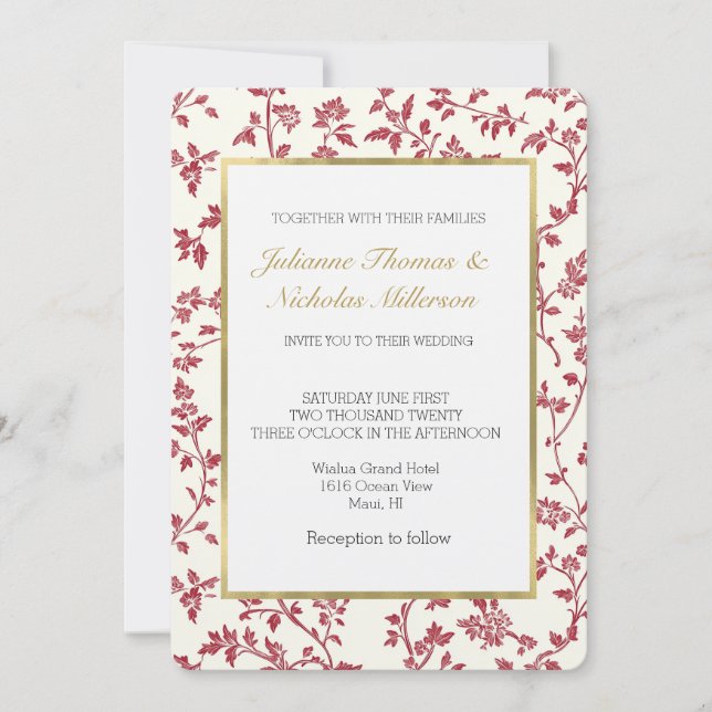 Invitación Boda de Hojas Rojas Crema Romántica (Anverso)